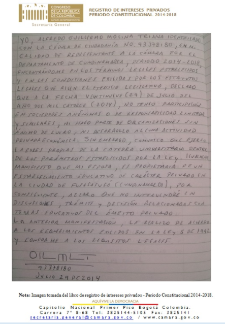 Registro de intereses privados -  Alfredo Guillermo Molina Triana 